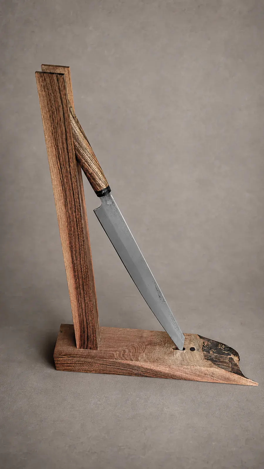 Couteau artisanal singulier présenté sur un support en bois